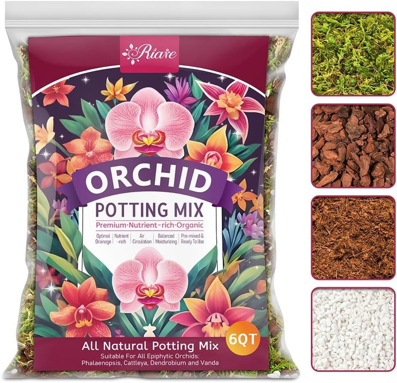 Riare 6QT Orchid Potting Mix for Repotting- Orchid Repotting Kit Include Moss, Pine Bark, Perlite, Coco Peat- Premium Orchid Soil Medium for Indoor Potted Plants Root Ventilation & Expanding - Image 1